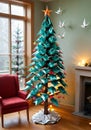 A Christmas Tree Decorated With Origami Birds, In A Tranquil Home Setting. Generative AI