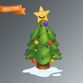 Christmas Tree decorated with a smiling yellow star, colorful light bulbs on a garland and decoration balls. Vector illustration Royalty Free Stock Photo