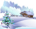 Christmas tree decorated soon new year. A small wooden house in the winter forest, a Christmas tree, a snowman, gift boxes. Royalty Free Stock Photo