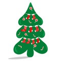 The Christmas tree is decorated with sweets and socks. Flat vector illustration.