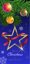 The Christmas tree is decorated with three colored balls and a golden star Royalty Free Stock Photo