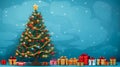 Christmas tree decorated with toy balls and stars, multicolored gift boxes with red bowes on blue snow background. Winter Royalty Free Stock Photo