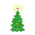 Christmas tree decorated with toys and a star, a fir tree painted with squares, pixels. Greeting card. Vector illustration Royalty Free Stock Photo