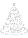 Christmas tree, decorated with toys, toys under the tree. Isolated object, vector illustration. Royalty Free Stock Photo