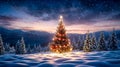 Christmas tree decorated with twinkling lights in a winter snowy forest with mountains in the background Royalty Free Stock Photo