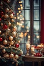 Christmas tree decorated with vintage baubles and light garlands