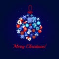 Christmas tree decoration ball on a blue background and the words Merry Christmas. Sample of the poster, party