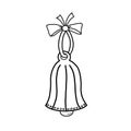 Christmas-tree decoration bell on a ribbon with a bow. Monochrome illustration on a white background. Royalty Free Stock Photo