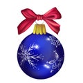Christmas tree decoration blue ball with a pink bow. Christmas tree decoration isolated on a white background. Royalty Free Stock Photo