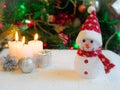 Christmas tree with decoration and candle and snow man