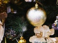 Christmas tree decoration close-up. Christmas and New Year decorate the interior with gifts and a Christmas tree. Xmas holyday Royalty Free Stock Photo