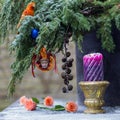 Christmas tree decoration with clown, parrot, christmas balls an Royalty Free Stock Photo