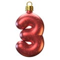 Christmas tree decoration font 3d rendering, number 3