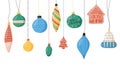 Christmas tree decoration hanging on string, flat vector illustration isolated on white background. Set of balls or toys for Royalty Free Stock Photo