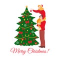 Christmas tree decoration, happy family decorate together. Traditional holiday celebration party