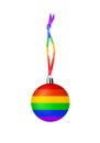 Christmas tree decoration LGBTQ community rainbow flag color white background isolated close up, glass ball LGBT pride pattern Royalty Free Stock Photo