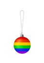 Christmas tree decoration LGBTQ community rainbow flag color white background isolated close up, glass ball LGBT pride pattern Royalty Free Stock Photo