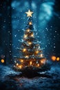 Christmas tree with decoration for New Year\'s holidays, evening forest and snow, winter season