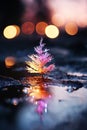 Christmas tree with decoration for New Year\'s holidays, evening forest and snow, winter season