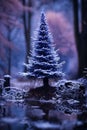 Christmas tree with decoration for New Year\'s holidays, evening forest and snow, winter season