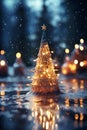 Christmas tree with decoration for New Year\'s holidays, evening forest and snow, winter season