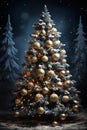 Christmas tree with decoration for New Year\'s holidays, night forest and snow, winter season