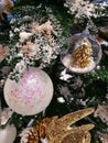 Christmas tree decoration ornaments and white glitter ball Royalty Free Stock Photo