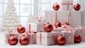 Christmas tree decoration shiny ball, snowflake, gift box, ornament generated by AI Royalty Free Stock Photo