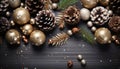 Christmas tree decoration shiny gold ball on pine cone branch generated by AI Royalty Free Stock Photo