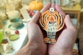 Christmas tree decoration tiger on hand. Symbol of the year 2022