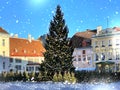 Christmas tree decoration on town  hall square at sunny snowy  winter day in Tallinn Old town travel holiday in Estonia Royalty Free Stock Photo