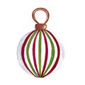 Christmas tree decoration. White ball with red and green stripes. Hand painted watercolor illustration Royalty Free Stock Photo