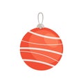 Christmas Tree Decoration, Xmas Bauble, Red Toy with Stripes and Loop for Hanging Isolated on White Background Royalty Free Stock Photo