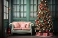 Christmas tree with decorations. Beautiful Christmas gifts under fir tree on floor in room. AI generated