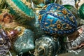Christmas tree decorations, blue Faberge egg Royalty Free Stock Photo