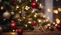 christmas tree and decorations A cozy Christmas with a fir tree and wooden background. The tree is fresh and fragrant