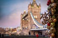 Christmas Tree decorations  in front of the Tower Bridge in London Royalty Free Stock Photo