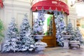 Christmas tree with decorations in GUM department store shopping mall, Bosco Fiory corner. New Year, winter holidays, gifts buying