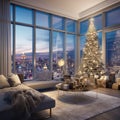 Christmas tree with decorations in the living room with panoramic window of New York City. New Year\'s Eve. Royalty Free Stock Photo