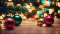 christmas tree decorations A modern Christmas with a wood style background and bright baubles. The background is sleek Royalty Free Stock Photo