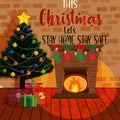 Christmas Tree with decorations near a fireplace with lights  presents and greeting text vector design. Royalty Free Stock Photo