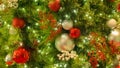 Christmas tree decorations of red and gold closeup.