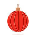 Christmas tree decorations toy red ball with golden stripes ornament. Vector illustration on white background