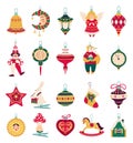 Christmas tree decorations and toys, xmas balls with ornaments. Cute winter holiday hanging decoration, retro new year Royalty Free Stock Photo