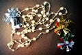 Christmas tree decorations, twinkle crystal beads, silver and golden bell, silver shoes.