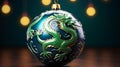 Christmas tree decorative blue ball with the image of terrible green eastern dragon, on a background of yellow shiny bokeh