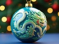 Christmas tree decorative blue ball with the image of terrible green eastern dragon, on a background of yellow shiny bokeh