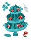 Christmas tree with decorative elements, fly agaric and eucalyptus leaves. Stylized drawing in flat style. Vector hand Royalty Free Stock Photo