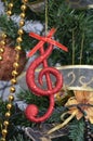 Christmas tree ,details, musical notes, balls Royalty Free Stock Photo