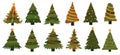 Christmas tree. Doodle Xmas evergreen plants decorated with garlands and stars. Holidays celebration postcard symbols